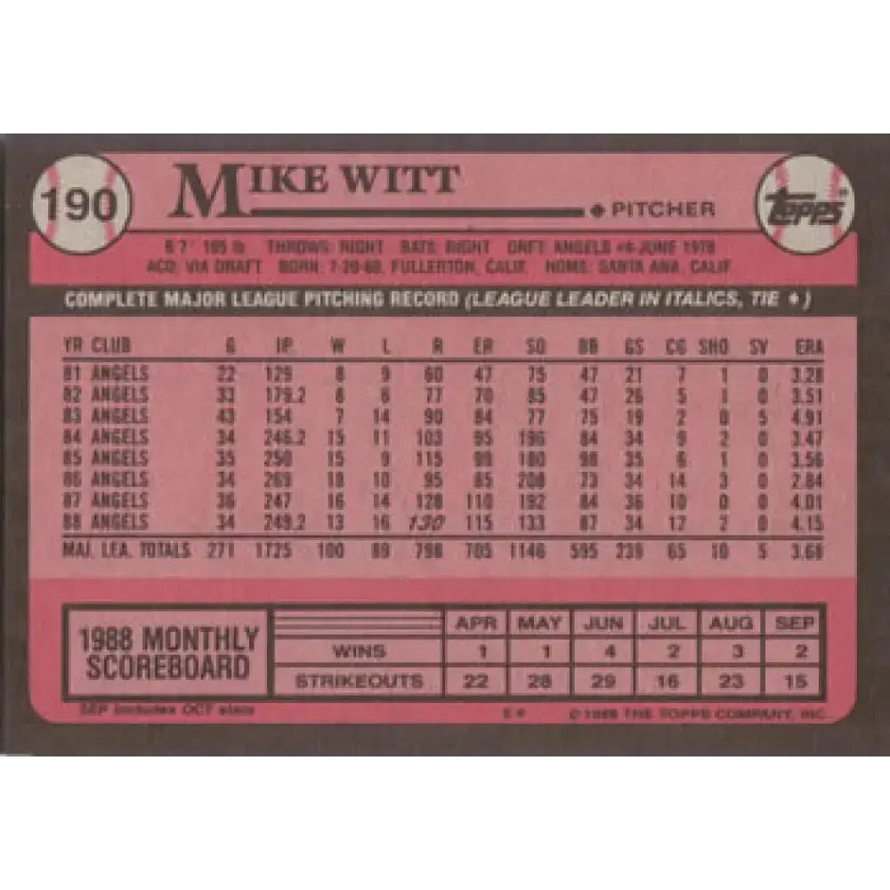 1989 Topps #190 Mike Witt NM-MT California Angels Baseball Card - Baseball Card Single
