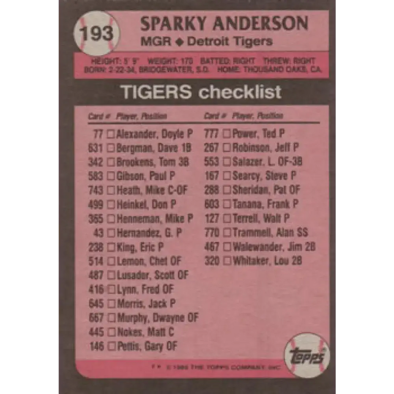 1989 Topps #193 Sparky Anderson UER NM-MT Detroit Tigers Baseball Card - Baseball Card Single