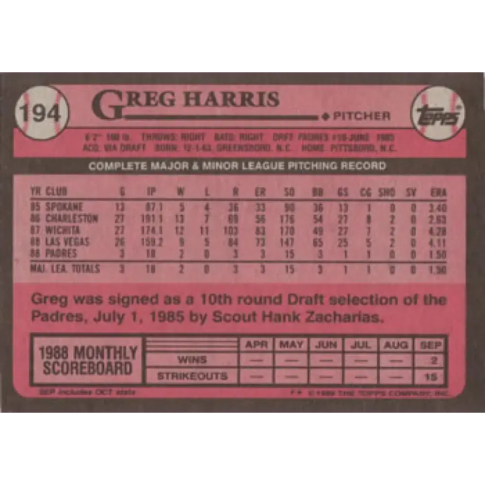 1989 Topps #194 Greg Harris NM-MT RC Rookie San Diego Padres Baseball Card - Baseball Card Single