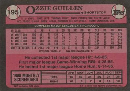 1989 Topps #195 Ozzie Guillen Baseball Card with pink back and player statistics for White Sox