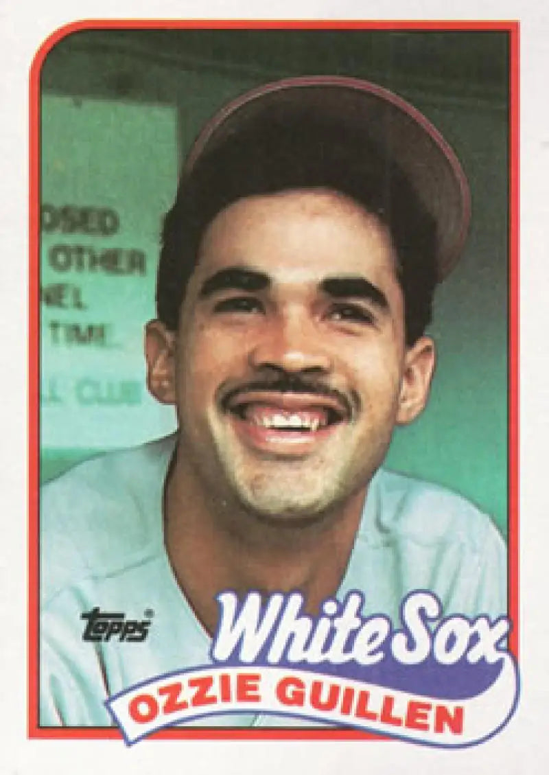 Vintage Ozzie Guillen White Sox baseball card with a red border from 1989 Topps