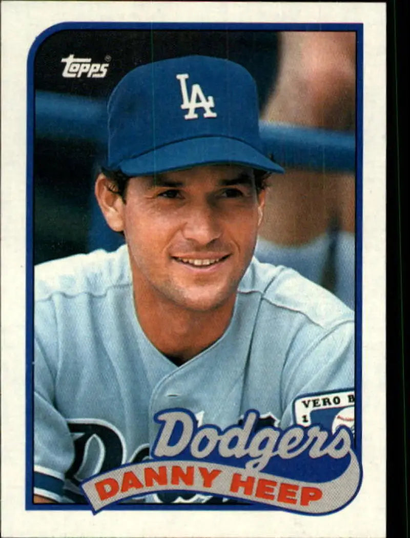 1989 Topps Danny Heep Baseball Card of Los Angeles Dodgers in gray uniform and blue cap