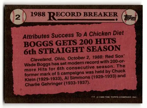 Baseball card back featuring Wade Boggs Boston Red Sox vintage collectible NM near mint