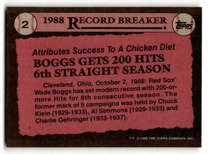 Baseball card back featuring Wade Boggs Boston Red Sox vintage collectible NM near mint