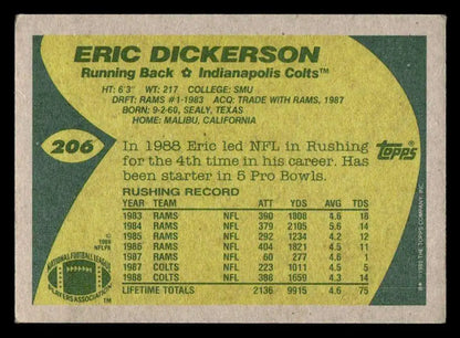 Back of 1989 Topps Eric Dickerson football trading card featuring Indianapolis Colts player