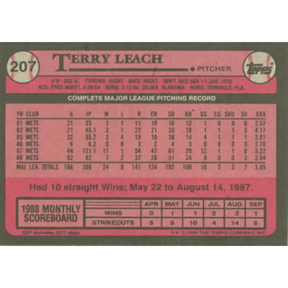 1989 Topps #207 Terry Leach NM-MT New York Mets Baseball Card - Baseball Card Single