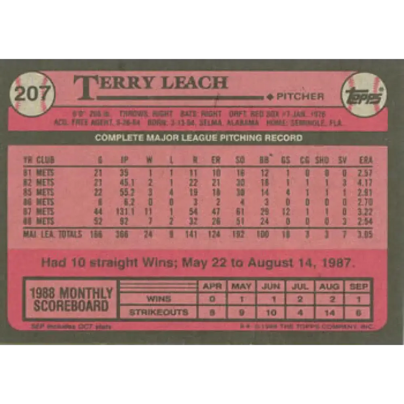 1989 Topps #207 Terry Leach NM-MT New York Mets Baseball Card - Baseball Card Single