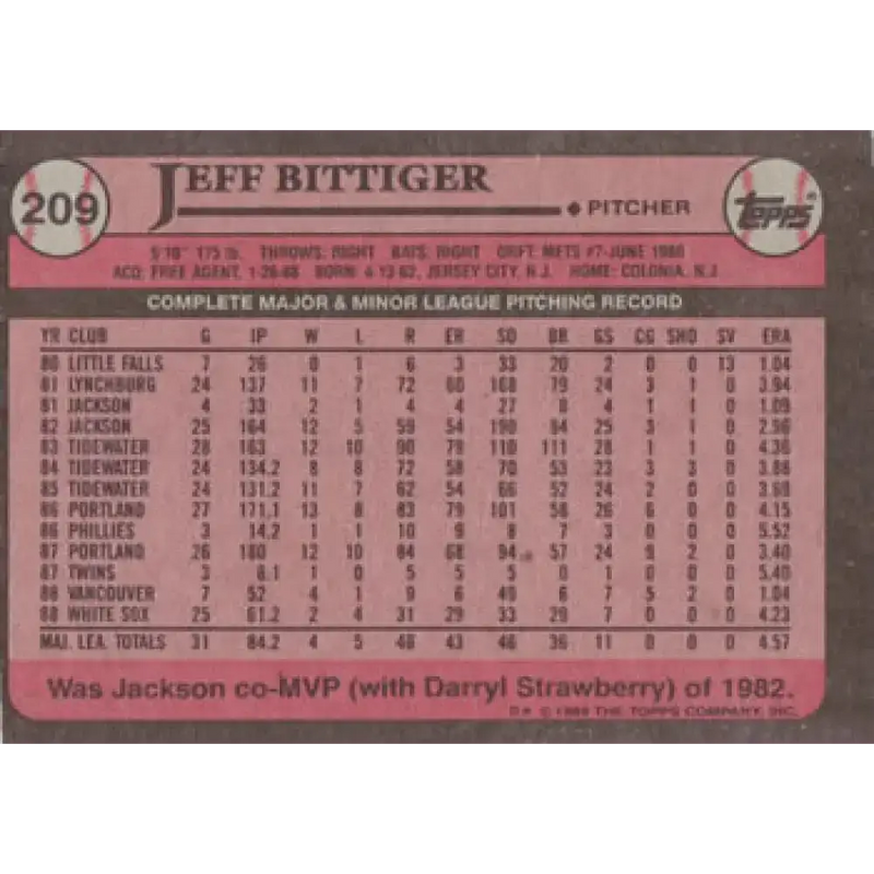 1989 Topps #209 Jeff Bittiger NM-MT RC Rookie Chicago White Sox Baseball Card - Baseball Card Single