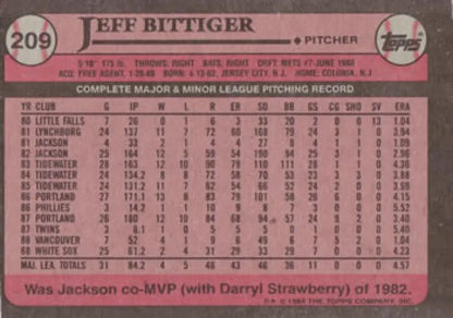 1989 Topps #209 Jeff Bittiger Rookie Card with Chicago White Sox pitching stats