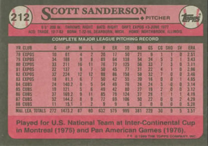Back side of 1989 Topps #212 Scott Sanderson baseball card with Chicago Cubs stats