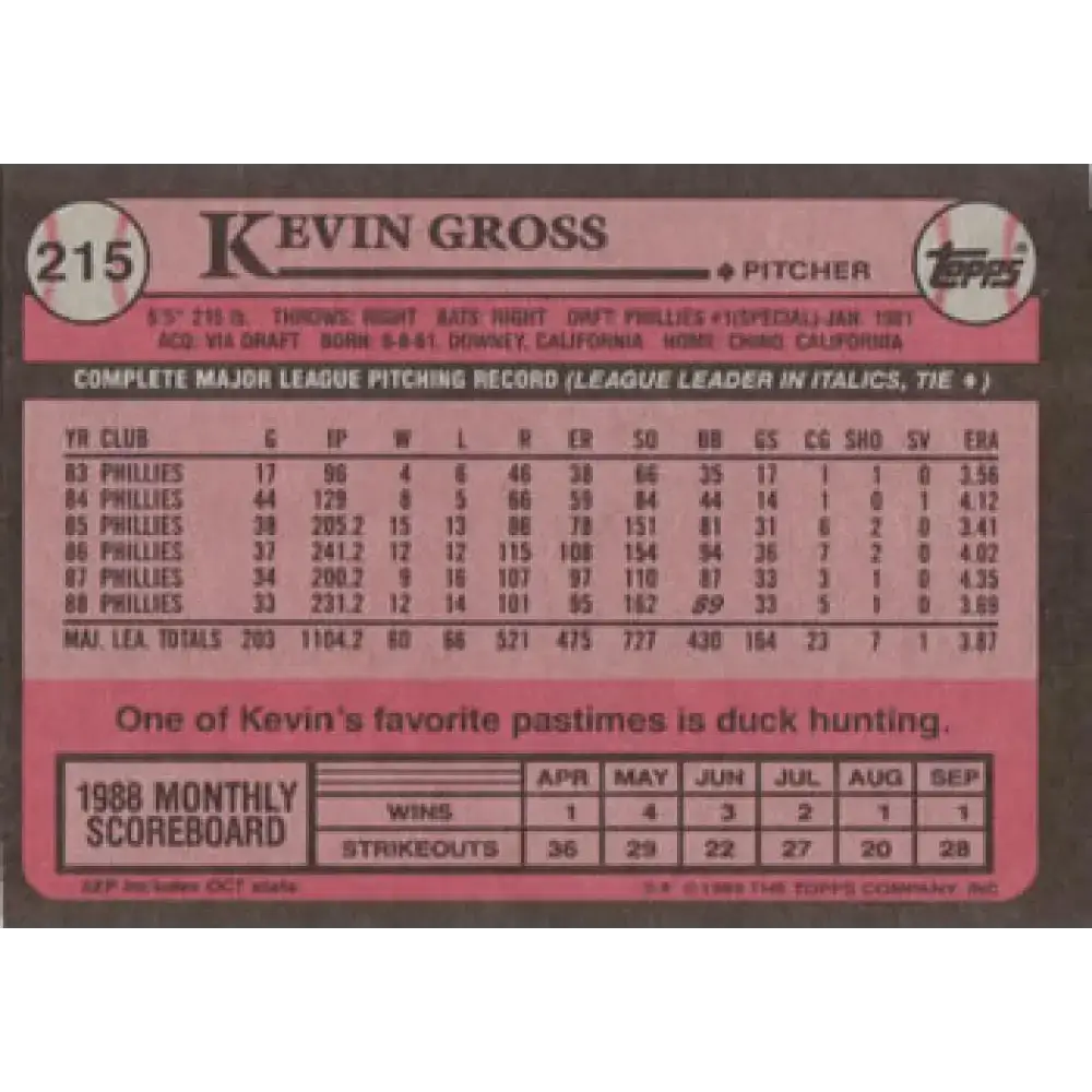 1989 Topps #215 Kevin Gross NM-MT Philadelphia Phillies Baseball Card - Baseball Card Single