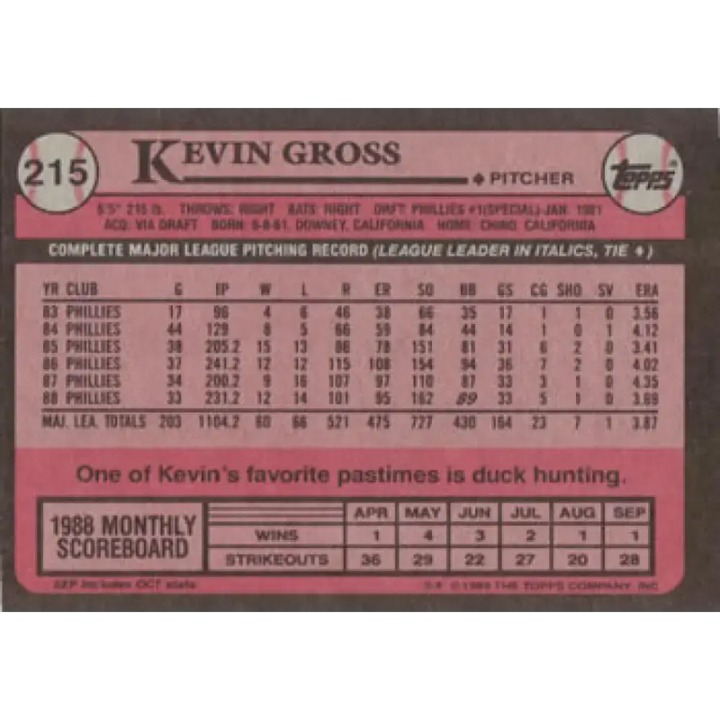 1989 Topps #215 Kevin Gross NM-MT Philadelphia Phillies Baseball Card - Baseball Card Single