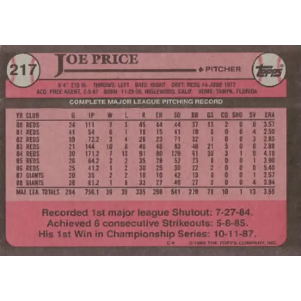 1989 Topps #217 Joe Price NM-MT San Francisco Giants Baseball Card - Baseball Card Single