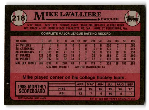 1989 Topps #218 Mike LaValliere NM-MT Pirates ID:72356 - Baseball Card Single