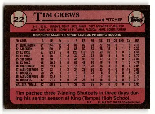 Original gloss Tim Crews Los Angeles Dodgers baseball card from 1989 Topps product