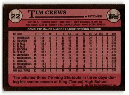 Original gloss Tim Crews Los Angeles Dodgers baseball card from 1989 Topps product