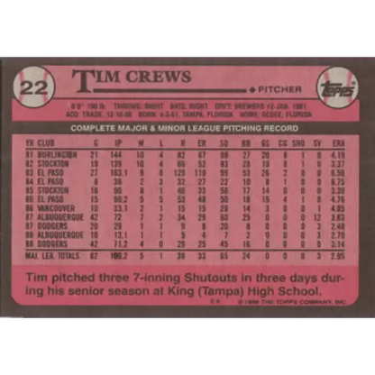1989 Topps #22 Tim Crews NM-MT Los Angeles Dodgers Baseball Card