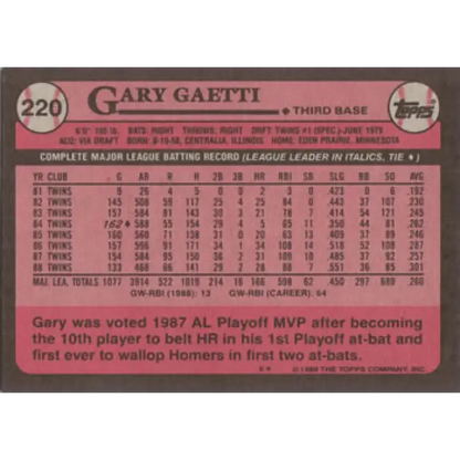 1989 Topps #220 Gary Gaetti NM-MT Minnesota Twins Baseball Card