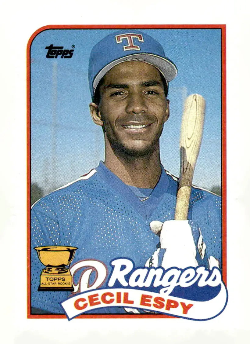 Cecil Espy baseball card from 1989 Topps featuring Cecil Espy in Texas Rangers uniform