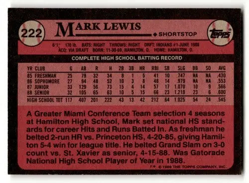 1989 Topps #222 Mark Lewis Cleveland Indians Baseball Cards EX/NM ID:61568 - Baseball Card Single