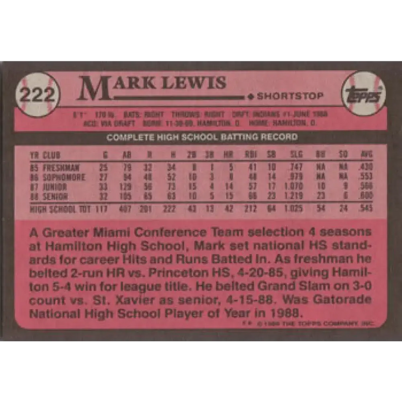 1989 Topps #222 Mark Lewis NM-MT RC Rookie Cleveland Indians Baseball Card - Baseball Card Single