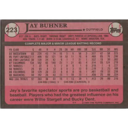 1989 Topps #223 Jay Buhner NM-MT Seattle Mariners Baseball Card