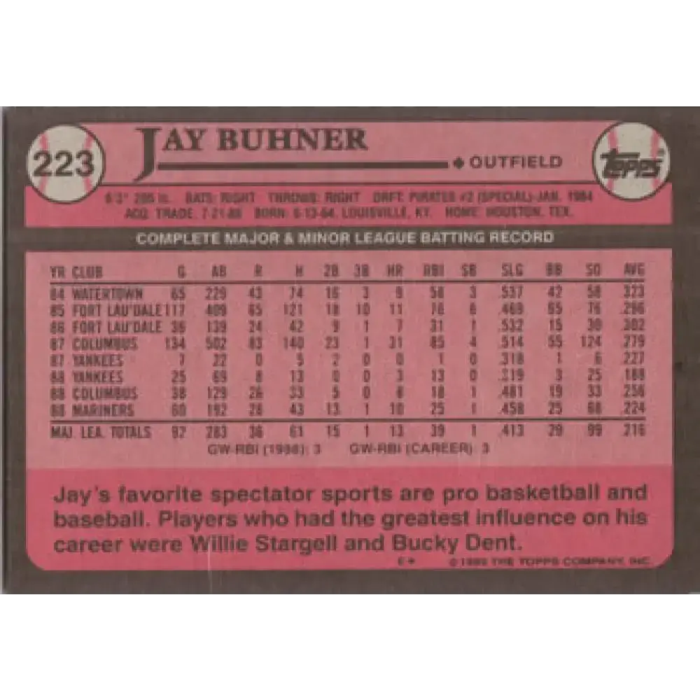 1989 Topps #223 Jay Buhner NM-MT Seattle Mariners Baseball Card - Baseball Card Single