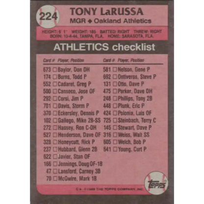 1989 Topps #224 Tony LaRussa MG NM-MT Oakland Athletics Baseball Card