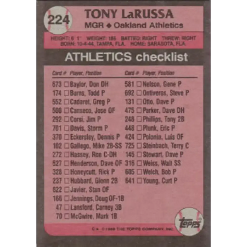 1989 Topps #224 Tony LaRussa MG NM-MT Oakland Athletics Baseball Card - Baseball Card Single