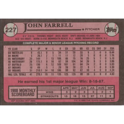 1989 Topps #227 John Farrell NM-MT Cleveland Indians Baseball Card Image 2