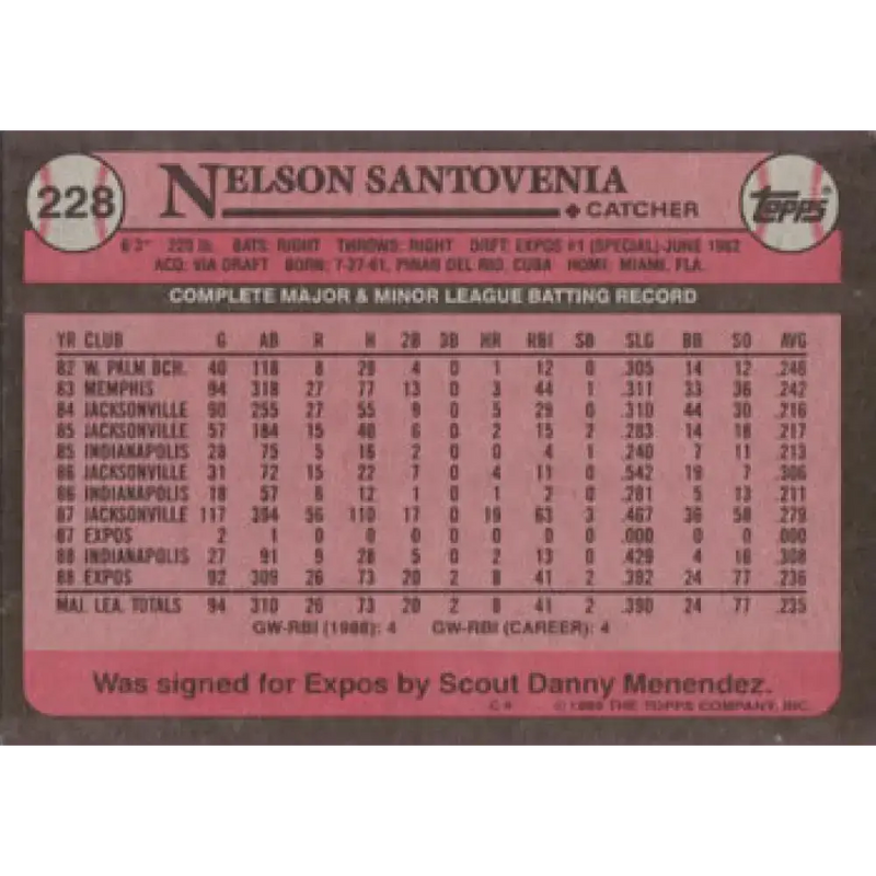 1989 Topps #228 Nelson Santovenia NM-MT Montreal Expos Baseball Card - Baseball Card Single