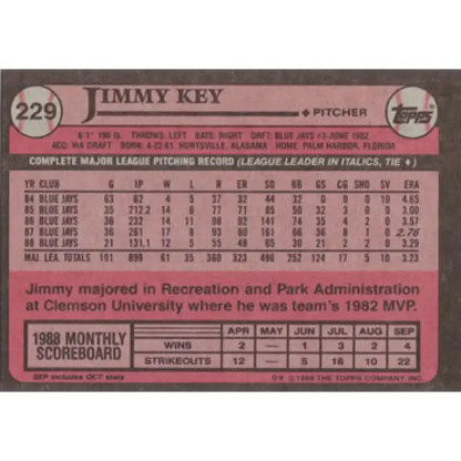1989 Topps #229 Jimmy Key NM-MT Toronto Blue Jays Baseball Card