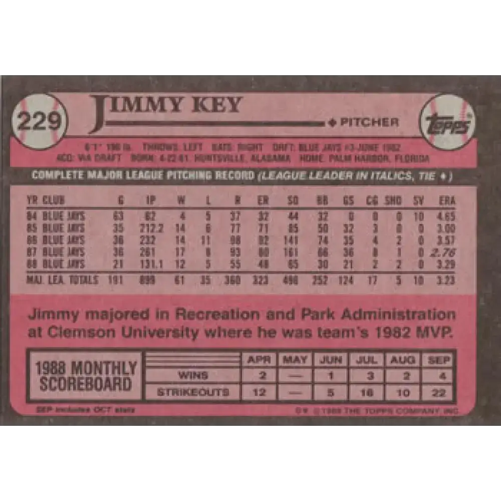 1989 Topps #229 Jimmy Key NM-MT Toronto Blue Jays Baseball Card - Baseball Card Single