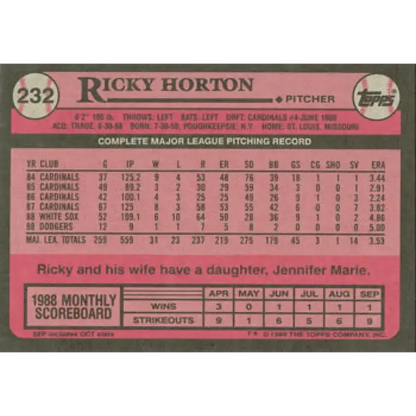 1989 Topps #232 Ricky Horton NM-MT Los Angeles Dodgers Baseball Card