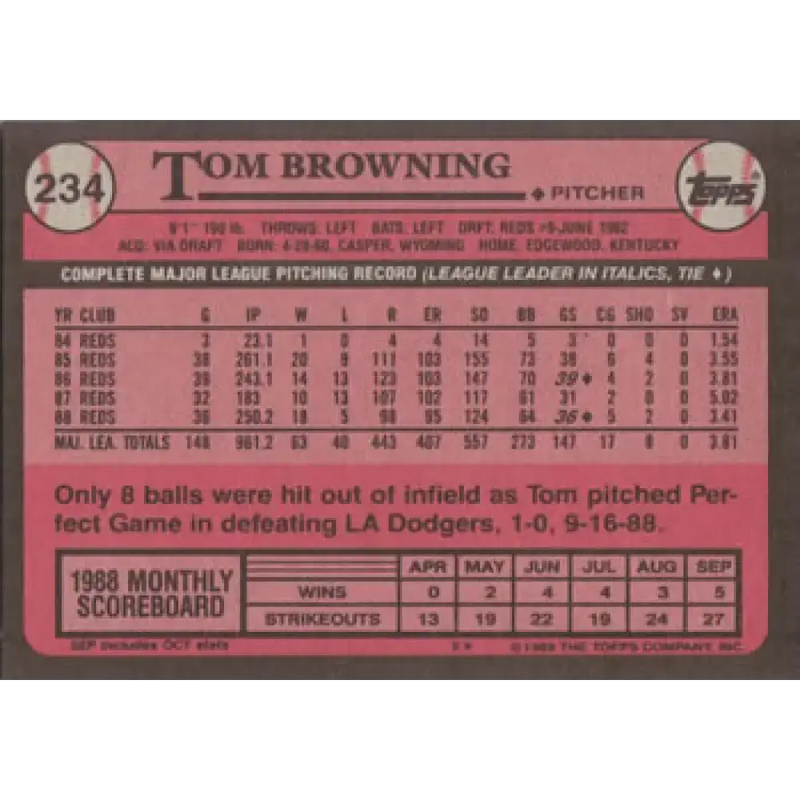 1989 Topps #234 Tom Browning NM-MT Cincinnati Reds Baseball Card - Baseball Card Single