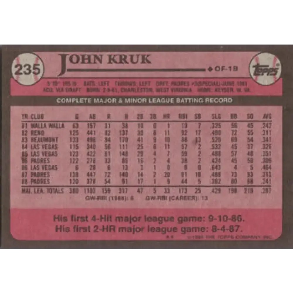 1989 Topps #235 John Kruk NM-MT San Diego Padres Baseball Card - Baseball Card Single