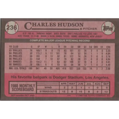 1989 Topps #236 Charles Hudson NM-MT New York Yankees Baseball Card