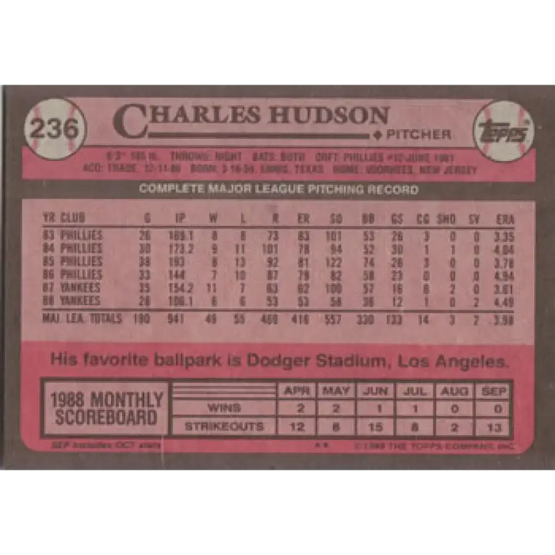 1989 Topps #236 Charles Hudson NM-MT New York Yankees Baseball Card - Baseball Card Single