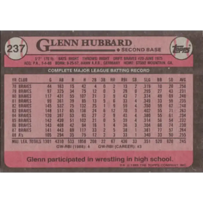 1989 Topps #237 Glenn Hubbard NM-MT Oakland Athletics Baseball Card