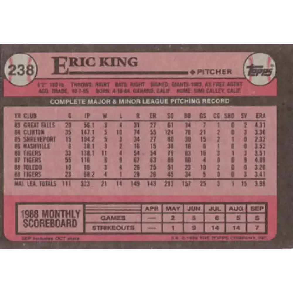 1989 Topps #238 Eric King NM-MT Detroit Tigers Baseball Card - Baseball Card Single