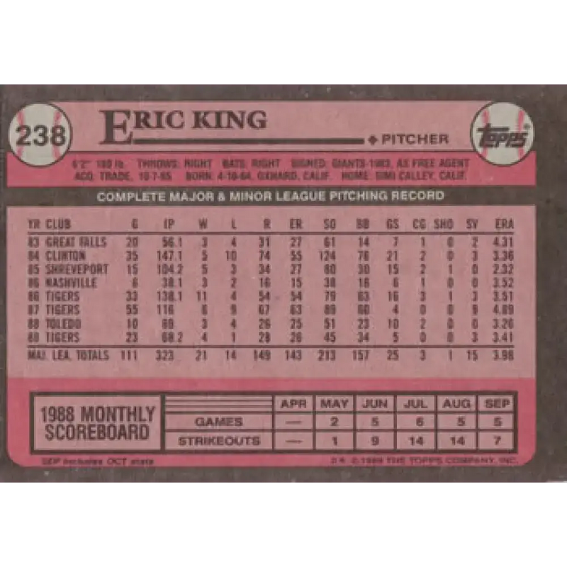 1989 Topps #238 Eric King NM-MT Detroit Tigers Baseball Card - Baseball Card Single