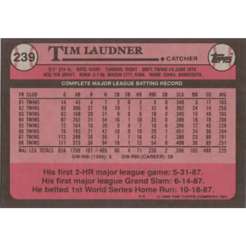 1989 Topps #239 Tim Laudner NM-MT Minnesota Twins Baseball Card - Baseball Card Single