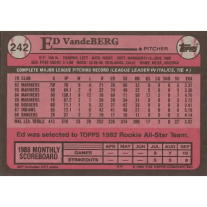 1989 Topps #242 Ed Vande Berg NM-MT Texas Rangers Baseball Card
