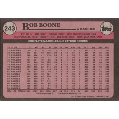 1989 Topps #243 Bob Boone NM-MT California Angels Baseball Card