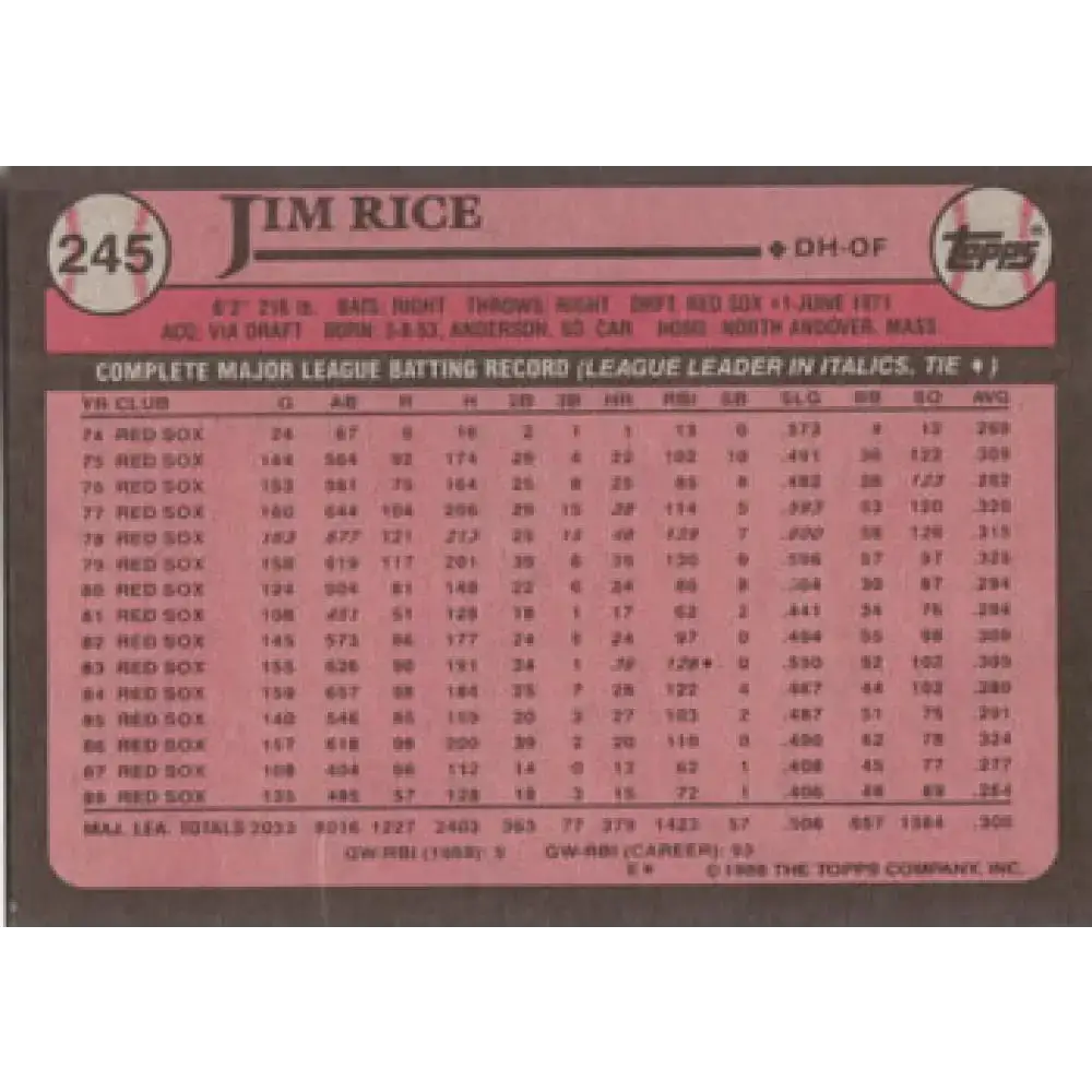 1989 Topps #245 Jim Rice NM-MT Boston Red Sox Baseball Card - Baseball Card Single