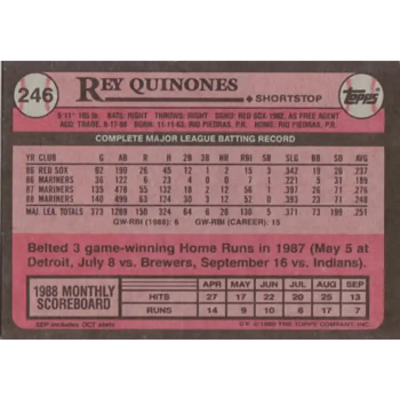 1989 Topps #246 Rey Quinones NM-MT Seattle Mariners Baseball Card - Baseball Card Single
