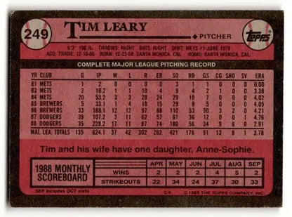 Original gloss Tim Leary Los Angeles Dodgers baseball card from 1989 Topps #249