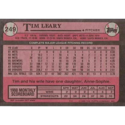 1989 Topps #249 Tim Leary NM-MT Los Angeles Dodgers Baseball Card