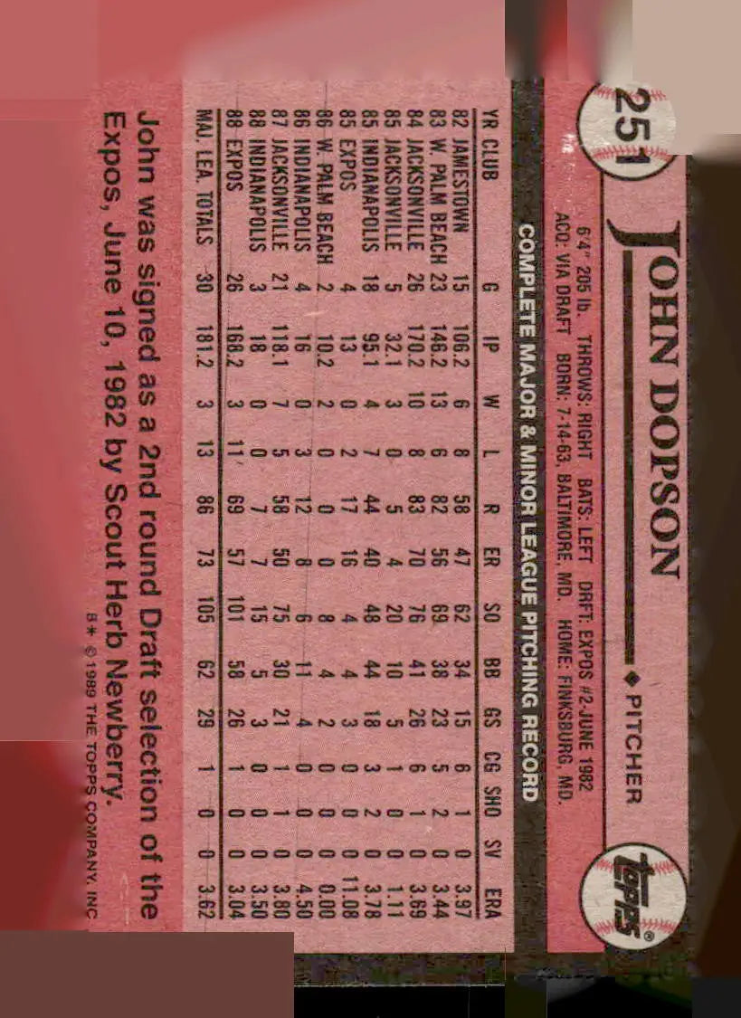1989 Topps John Dopson baseball card featuring John Dopson athlete collectible
