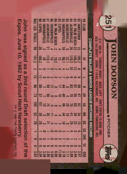 1989 Topps John Dopson baseball card featuring John Dopson athlete collectible